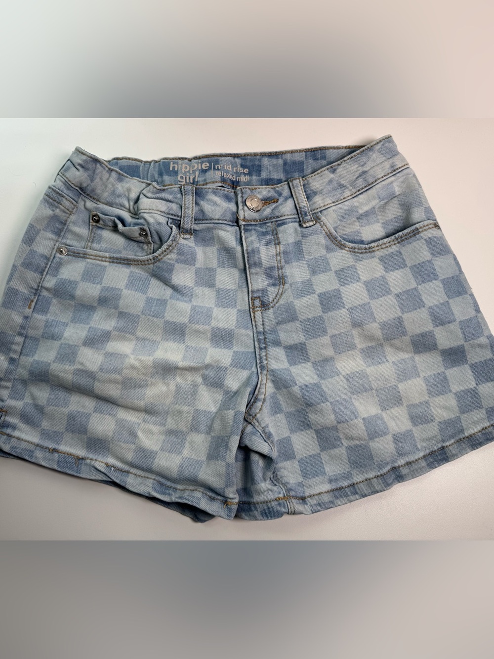 Hippie Girl Gingham Denim Shorts Girls Size 12 Mid Rise Relaxed Fit Blue Checker